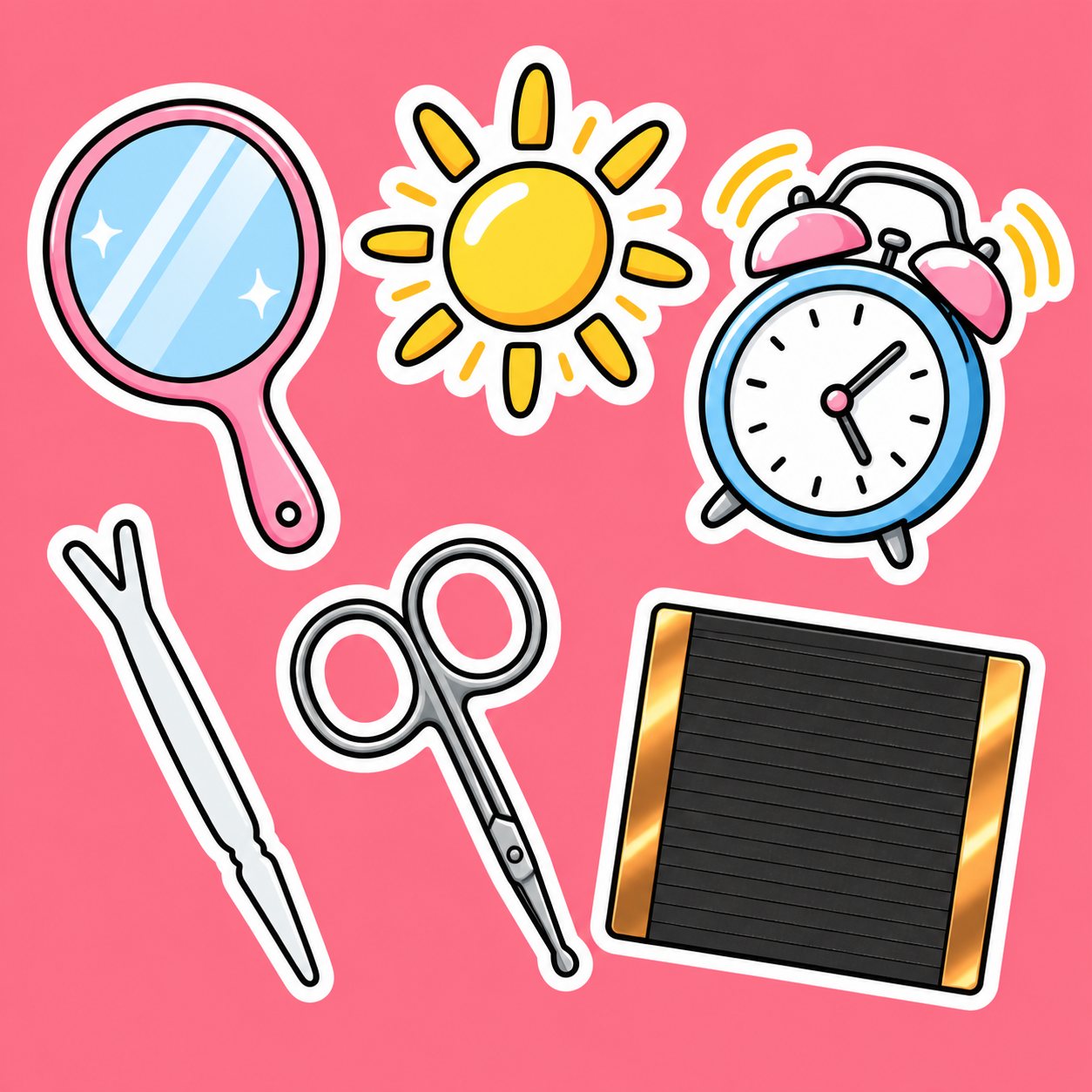 朝の支度のイラスト。手鏡、朝日、目覚まし時計、プッシャー、ミニはさみ、テープのシート